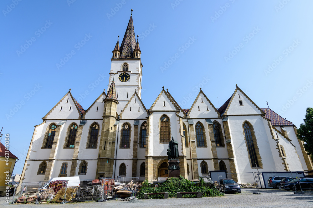 Renovated old historical building of Lutheran Cathedral of Saint Mary (Catedrala Evanghelica Sfanta Maria)  in the old city center of Sibiu, in Transylvania (Transilvania) region, Romania  .