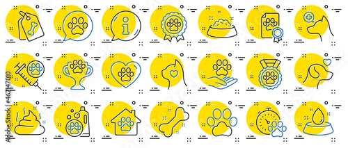 Pets line icons. Veterinary, dog care and cat food. Lovely animals, shampoo for pets and doghouse icons. Vaccine, pet care and dog paw. Winner cup, certificate and medal. Animal feces. Vector