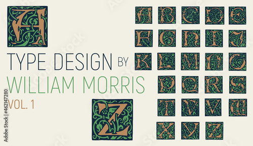 William Morris typography, initials with foliage. Type design with branches, foliage and flowers. Poster, invitation, wedding card, book cover design. Capital letters from Arts & Craft movement. 1890