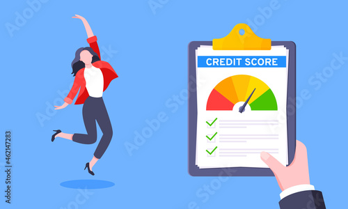Good credit score business concept with clipboard, score gauge meter and happy person jumping in the air flat style design vector illustration. Excellent rating for credit or mortgage loans.