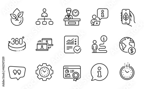 Fototapeta Naklejka Na Ścianę i Meble -  Technology icons set. Included icon as Organic product, Seo certificate, Global business signs. Time, Checked calculation, Outsource work symbols. 360 degrees, Quote bubble, Management. Vector