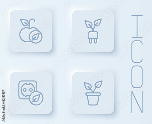 Set line Apple, Electric saving plug in leaf, Electrical outlet and Plant pot. White square button. Vector