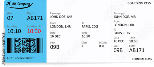 Airline boarding pass ticket isolated on white background.