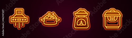 Set line Kitchen extractor fan, Cooking pot, Scales and Slow cooker. Glowing neon icon. Vector