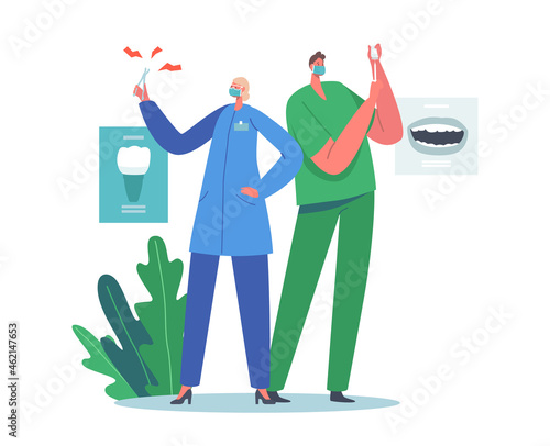 Dental Office Staff at Work. Stomatology Doctors, Dentistry Concept. Dentists with Equipment for Tooth Caries Treatment