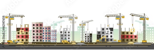 Construction of new microdistrict of city. Cranes and Tractors. Modern technologies and equipment. Horizontal. Isolated on white background illustration vector