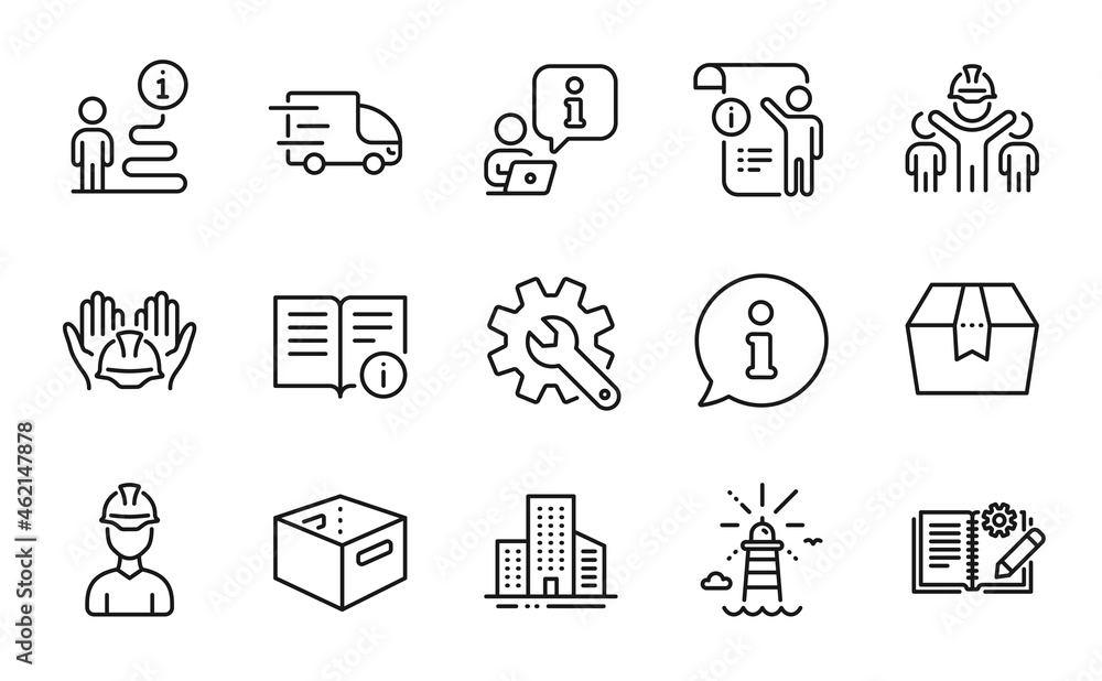 Industrial icons set. Included icon as Customisation, Engineering team, Lighthouse signs. Builders union, Technical info, Engineering documentation symbols. Office box, Package box. Vector