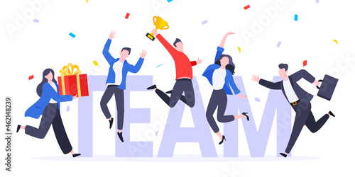 Happy business employee team winners award ceremony flat style design vector illustration. Employee recognition and best worker competition award team celebrating victory winner business concept.