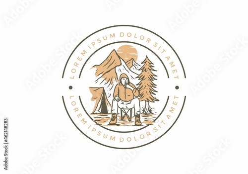 Mountain camping line art drawing with lorem ipsum text