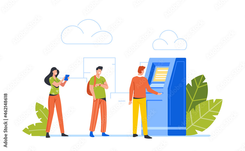 People at Automated Teller Machine Making Transaction, Atm Banking Services. Male and Female Clients Characters in Line People at Automated Teller Machine Making Transaction, Atm Banking Services. Male and Female Clients Characters in Line