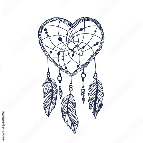 Hand drawn Native American Indian talisman dreamcatcher heart with feathers. Vector hipster illustration isolated on white. Ethnic design, boho chic, tribal symbol. Coloring book for adults.