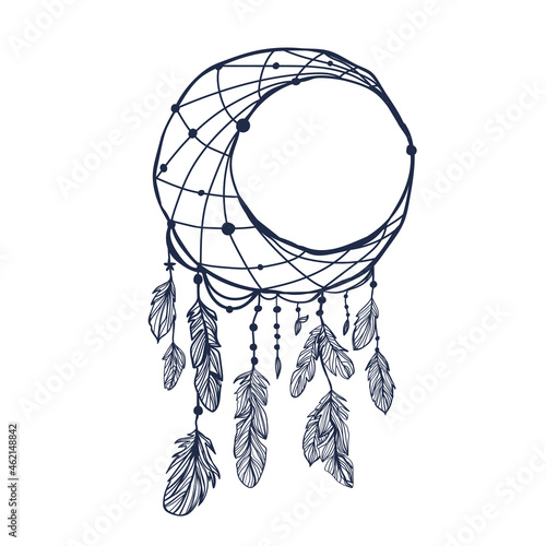 Moon Dreamcatcher with feathers and moon. Vector hipster illustration isolated on white. Ethnic design, boho chic, tribal symbol. Coloring book for adults. © Aleksandra