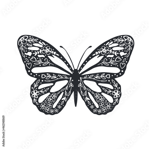 Cute butterfly with ornament. Background, cover. Design for coloring page