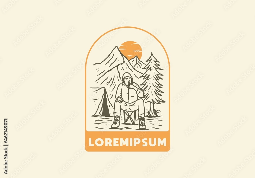 Line art illustration drawing of man on mountain Line art illustration drawing of man on mountain