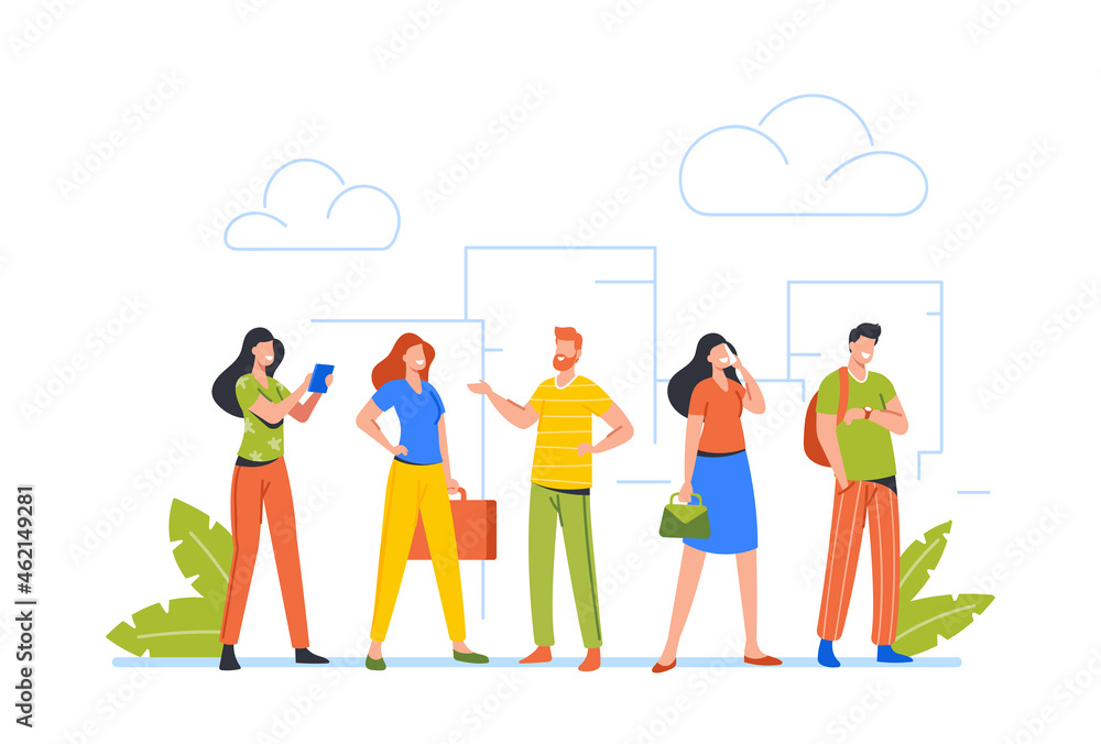 People Wait Stand in Row in Bank, Supermarket or Atm. People Waiting in Queue, Male and Female Characters Stand in Line People Wait Stand in Row in Bank, Supermarket or Atm. People Waiting in Queue, Male and Female Characters Stand in Line