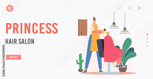 Princess Hair Salon Landing Page Template. Young Girl Visit Beauty Salon with Children Hairdresser. Master do Hairstyle
