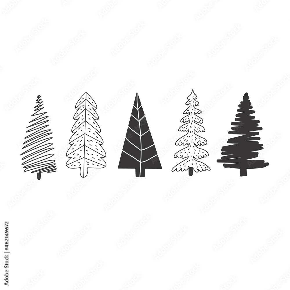 Fototapeta premium Set of Christmas trees. Christmas trees in doodle style