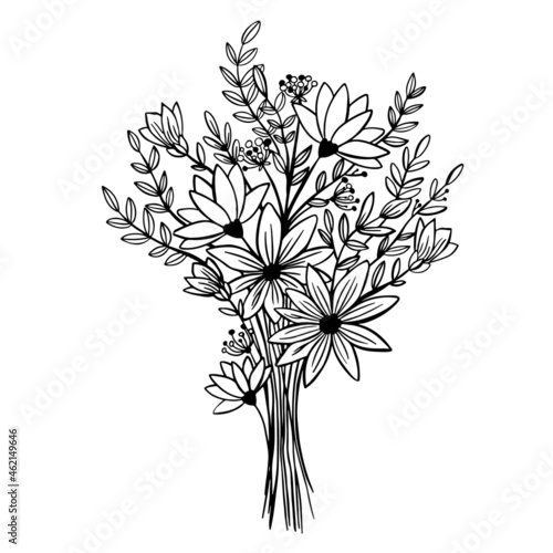 flower bouquet in doodle style. Out line flowers, cute flowers print.