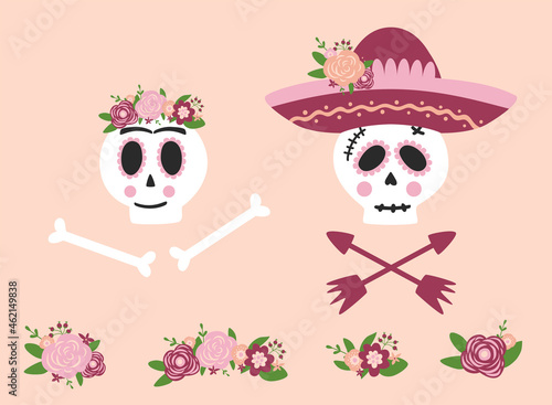 Day dead skull woman and man set. Mexican skull flower sombrero. Dia de los muertos skull. Symbol of day dead isolated vector illustration. Cute skull graphic element Pink floral spooky logo. Spanish. photo