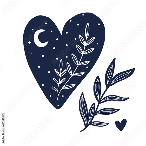 Cartoon Scandinavian Vector Heart with Star and Moon. Hand drawn valentines, day symbol.