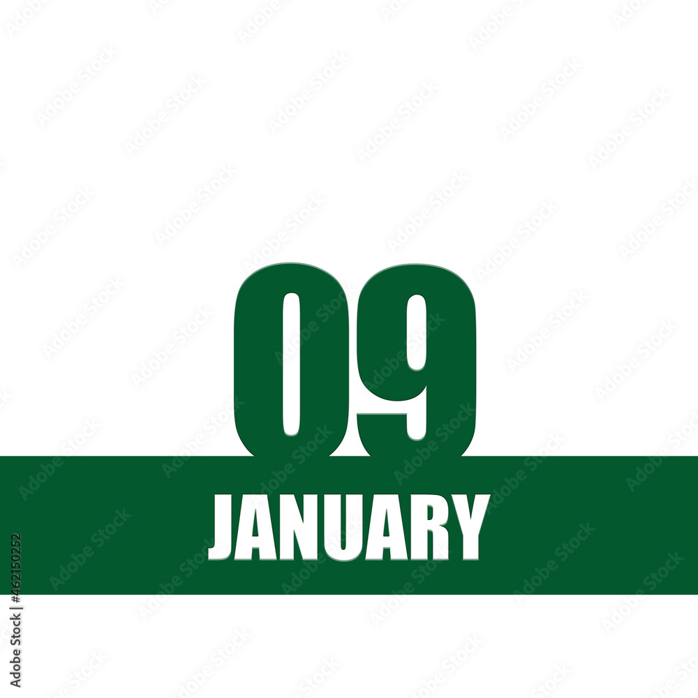 january 9. 9th day of month, calendar date.Green numbers and stripe with white text on isolated background. Concept of day of year, time planner, winter month. january 9. 9th day of month, calendar date.Green numbers and stripe with white text on isolated background. Concept of day of year, time planner, winter month.