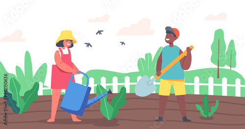 Happy Kids Characters Working in Summer Garden. African Boy Dig Soil, Caucasian Girl Farmer or Gardener Watering Plants