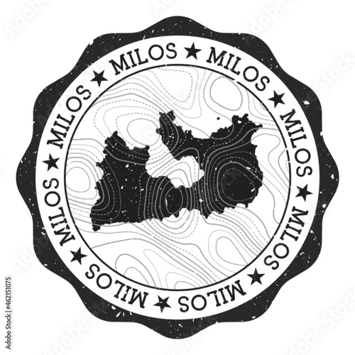 Milos outdoor stamp. Round sticker with map of island with topographic isolines. Vector illustration. Can be used as insignia, logotype, label, sticker or badge of the Milos.