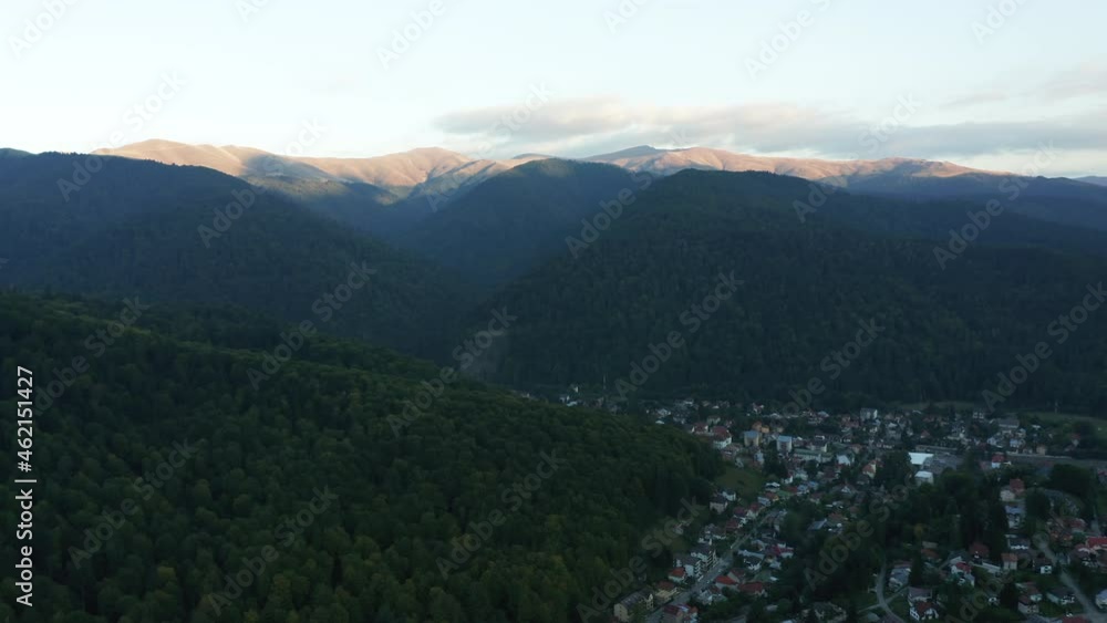 Aerial push in landscape of Busteni and Baiu Mountains, Romania Aerial push in landscape of Busteni and Baiu Mountains, Romania