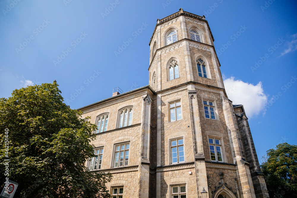 Goerlitz, Saxony, Germany, 04 September 2021:  Klosterschule or Monastery school, Augustum-Annen-Gymnasium at sunny summer day, picturesque street with gothic and renaissance historical buildings