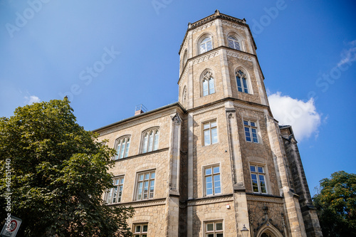 Goerlitz, Saxony, Germany, 04 September 2021: Klosterschule or Monastery school, Augustum-Annen-Gymnasium at sunny summer day, picturesque street with gothic and renaissance historical buildings