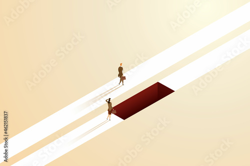 Businessman and businesswoman on different career paths and obstacles.