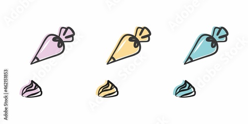 Three multicolored pastry bags that squeeze out the cream. Making marshmallows. Confectionery tools. Vector illustration of a pastry bag. Emblem for a pastry chef. photo