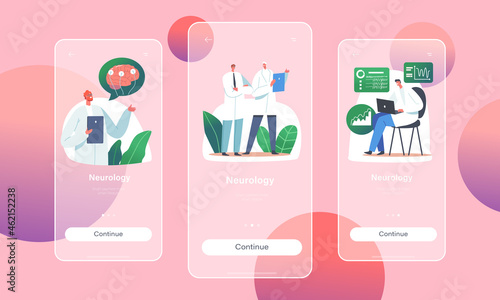 Neurology Mobile App Page Onboard Screen Template. Doctor Neurologist, Neuroscientist, Physician Characters Study Brain