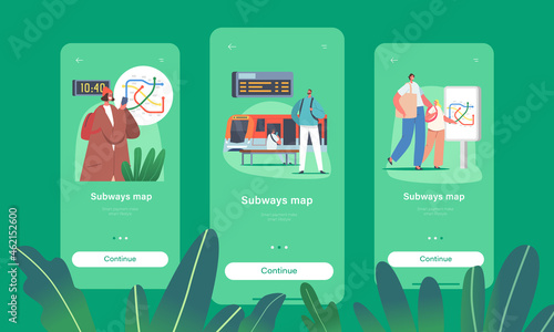 People Use Map in Metro Mobile App Page Onboard Screen Template. Characters at Subway Station with Train, Escalator