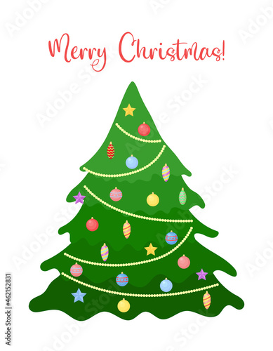 Merry Christmas greeting card. Decorated Christmas tree isolated. Vector illustration