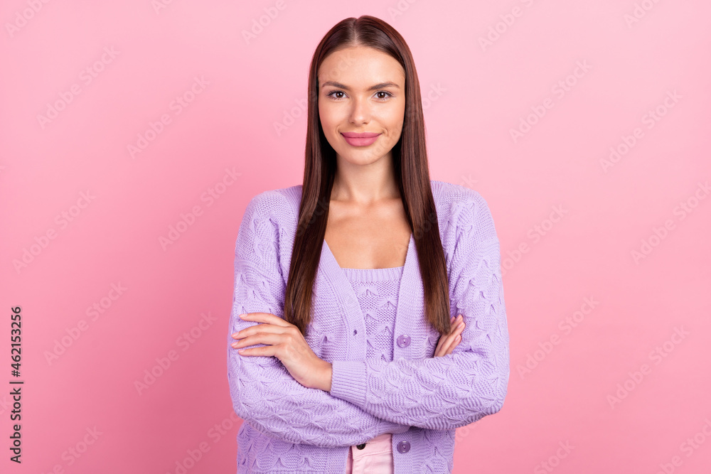 Photo of pretty charming young lady wear violet outfit smiling arms crossed isolated pink color background Photo of pretty charming young lady wear violet outfit smiling arms crossed isolated pink color background