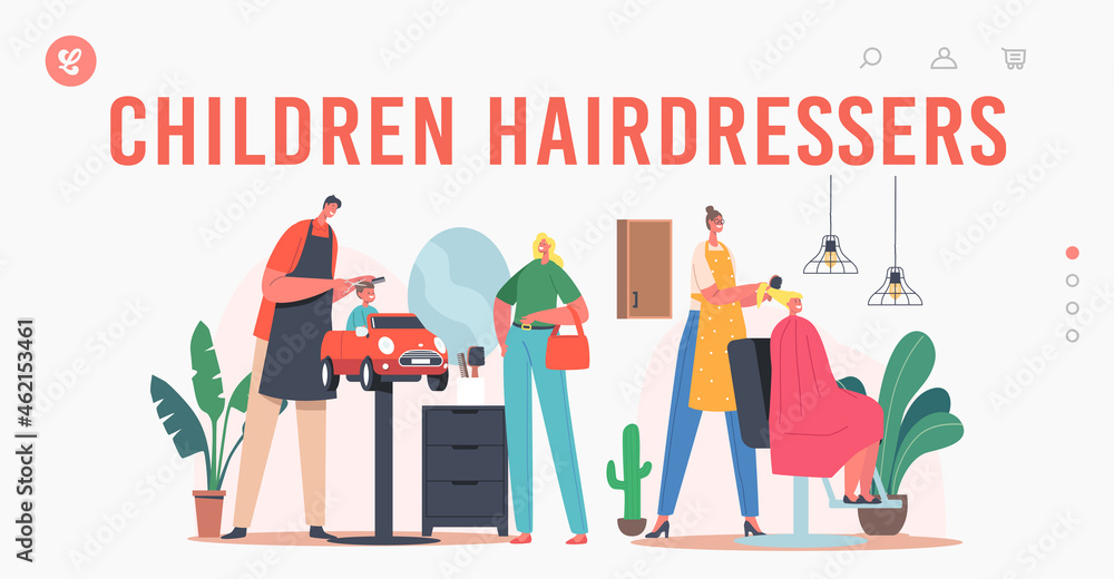 Hairdresser Salon for Children Landing Page Template. Master Cut Hairs and Making Hairstyle to Little Boy and Teen Girl Hairdresser Salon for Children Landing Page Template. Master Cut Hairs and Making Hairstyle to Little Boy and Teen Girl