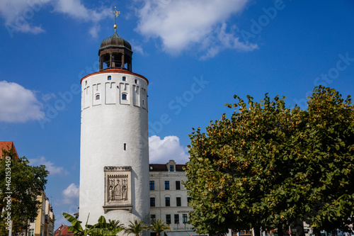 Wallpaper Mural Goerlitz, Germany, 04 September 2021: gothic renaissance massive Thick Tower or Dicker Turm with Sandstone Relief at Marienplatz in historical center, part of medieval fortification, sunny summer day Torontodigital.ca