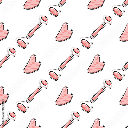Gua sha and facial massage roller vector illustration. Seamless pattern with natural pink quartz stones. Skin care, face yoga, home beauty procedures and routine background in flat cartoon style.