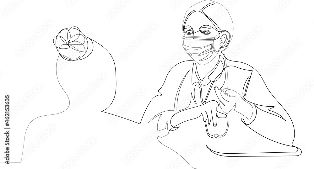 Female doctor wearing glasses and uniform taking notes in medical journal in medical facial mask have consultation with elderly patient during covid. Vector illustration