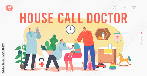 House Call Doctor Landing Page Template. Family Pediatrician Visit Baby at Home. Neonatologist Checkup and Vaccination