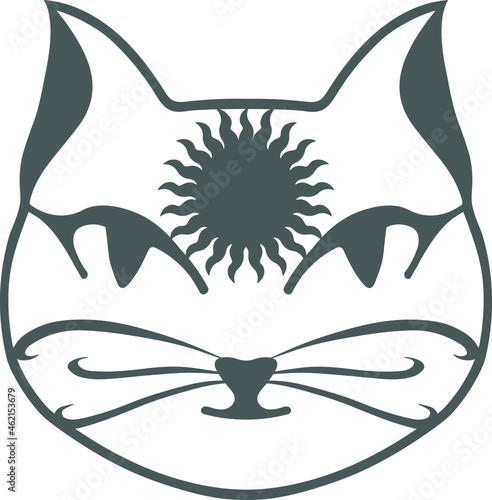 Black head of Cat with hand lettering word 'Meow' on white background. Vector illustration. Cute icon. Animal silhouette.