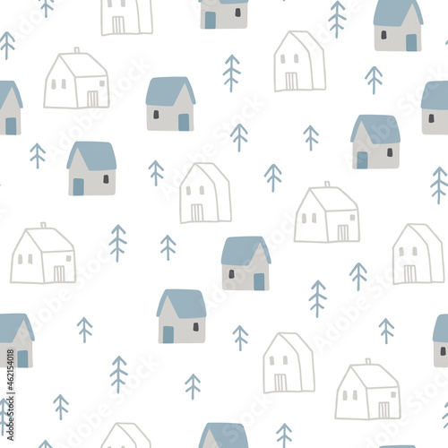 Beautiful Christmas seamless pattern. Winter snowy woodland landscape with line houses and fir trees isolated on white background. Nordic winter design for wrapping paper, textile. Vector illustration