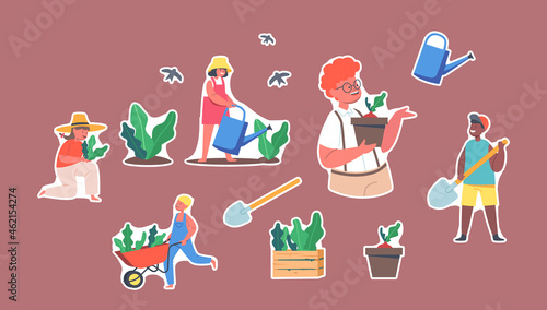 Set of Stickers Children Gardening Work. Gardeners Boys and Girls Planting and Caring of Plants. Happy Kids in Garden