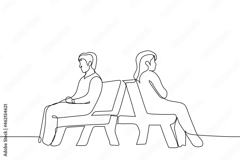 man and a woman are sitting on benches with their backs to each other - one line drawing. concept passengers in the electric train, passengers in the waiting room, heterosexual couple quarreled