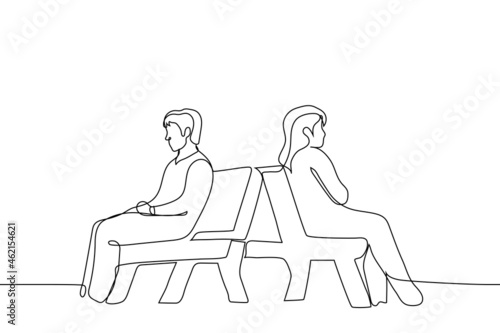 man and a woman are sitting on benches with their backs to each other - one line drawing. concept passengers in the electric train, passengers in the waiting room, heterosexual couple quarreled