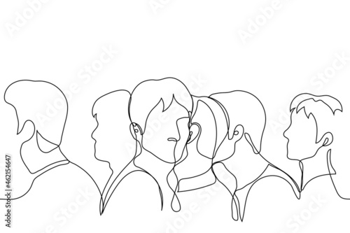 face of a man looking at the viewer while the others are looking in the other direction - one line drawing. concept of a loner against the crowd, stranger among their own, go their own way