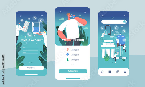 Water Filtration Equipment Mobile App Page Onboard Screen Template. Tiny Scientist Characters Use Huge Aqua Filter Jug