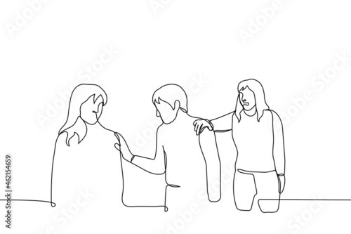 woman grabs the shoulder of man who addresses (touches, strokes) another woman - one line drawing. concept jealousy; friend stops from relationship; warn about dangerous, woman protection for friend