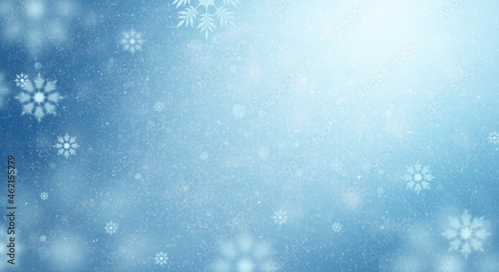 Winter illustration with white light and snowflakes floating in space. snow dust on a blue background and white snowflakes. the possibility of overlaying.